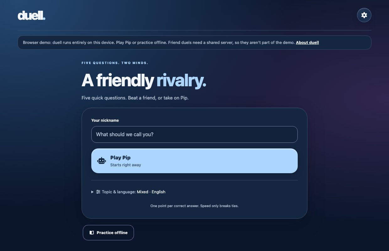 duell's home screen in Liquid Glass on a desktop browser: the demo note, a nickname field and the Play Pip button