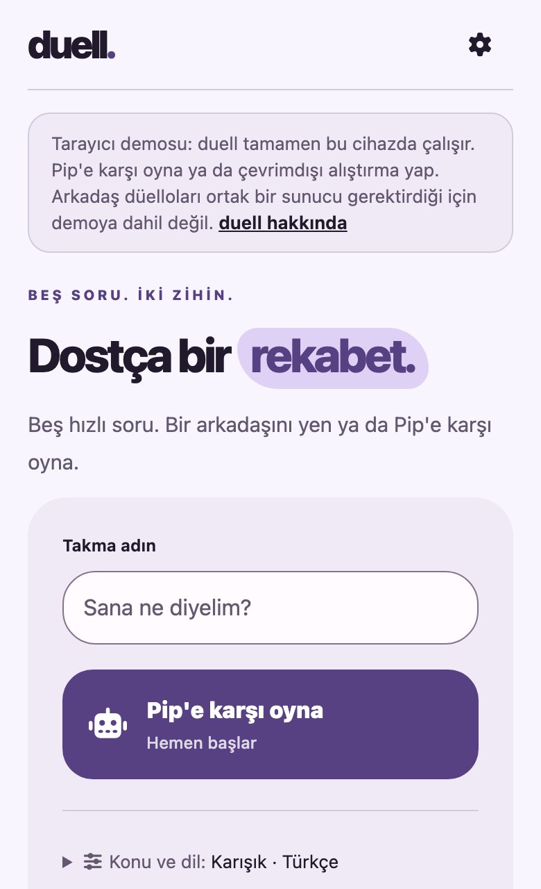 duell's home screen in Turkish with the Material look, below the demo note