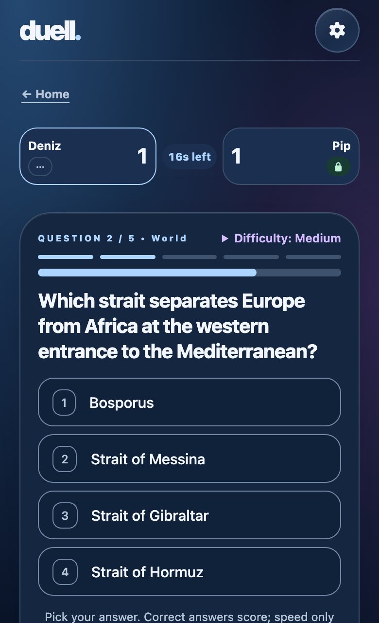 duell on a phone in Liquid Glass: the scoreboard, with Pip locked in, above a question with four answers