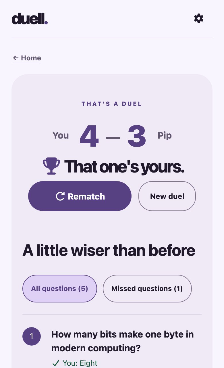 duell's results screen in Material: the final score against Pip, with Rematch and New duel buttons