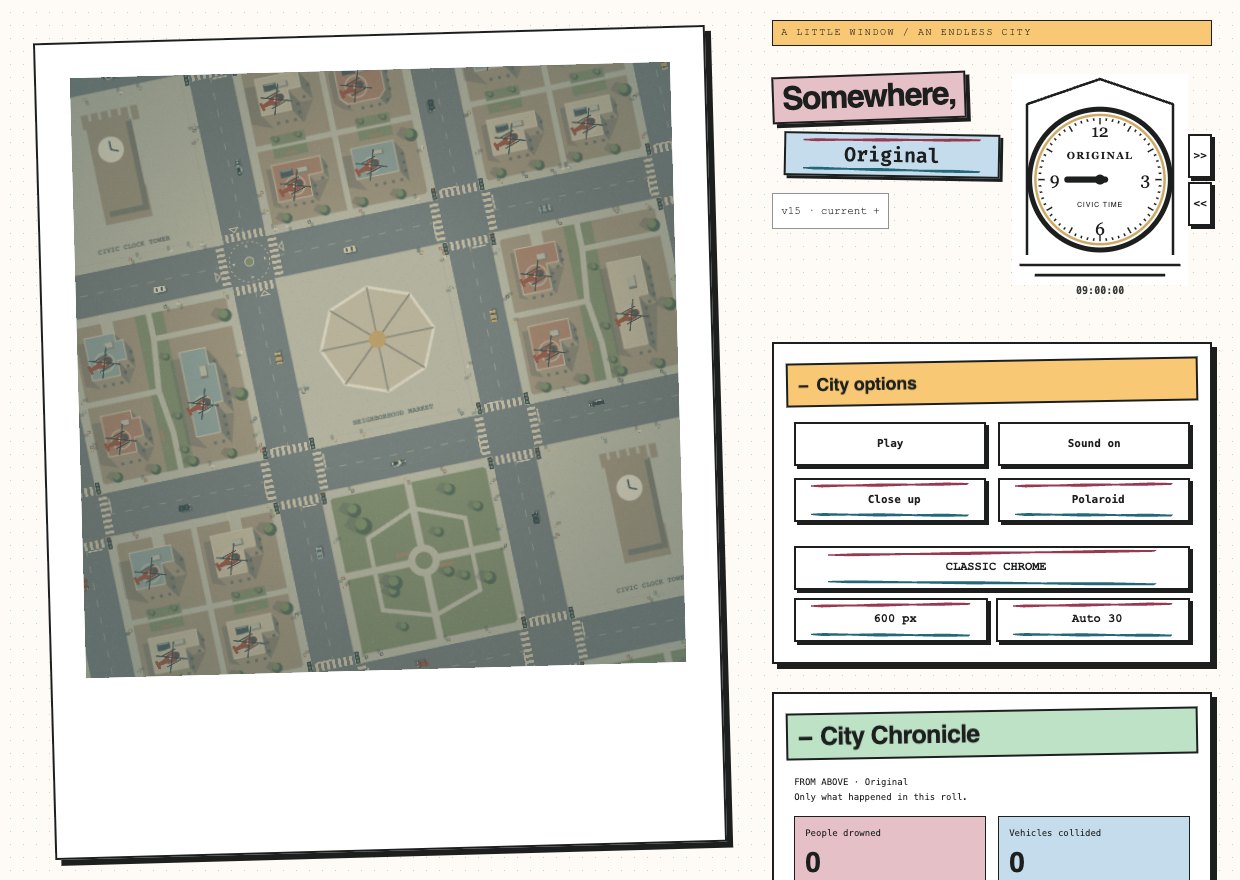 The Fuji City interface: the instant photo, city options, city clock and City Chronicle