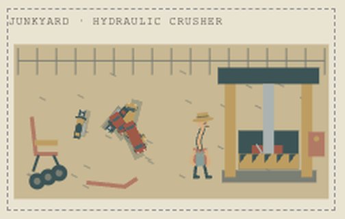 The junkyard: a guard beside the hydraulic crusher and a recovered car