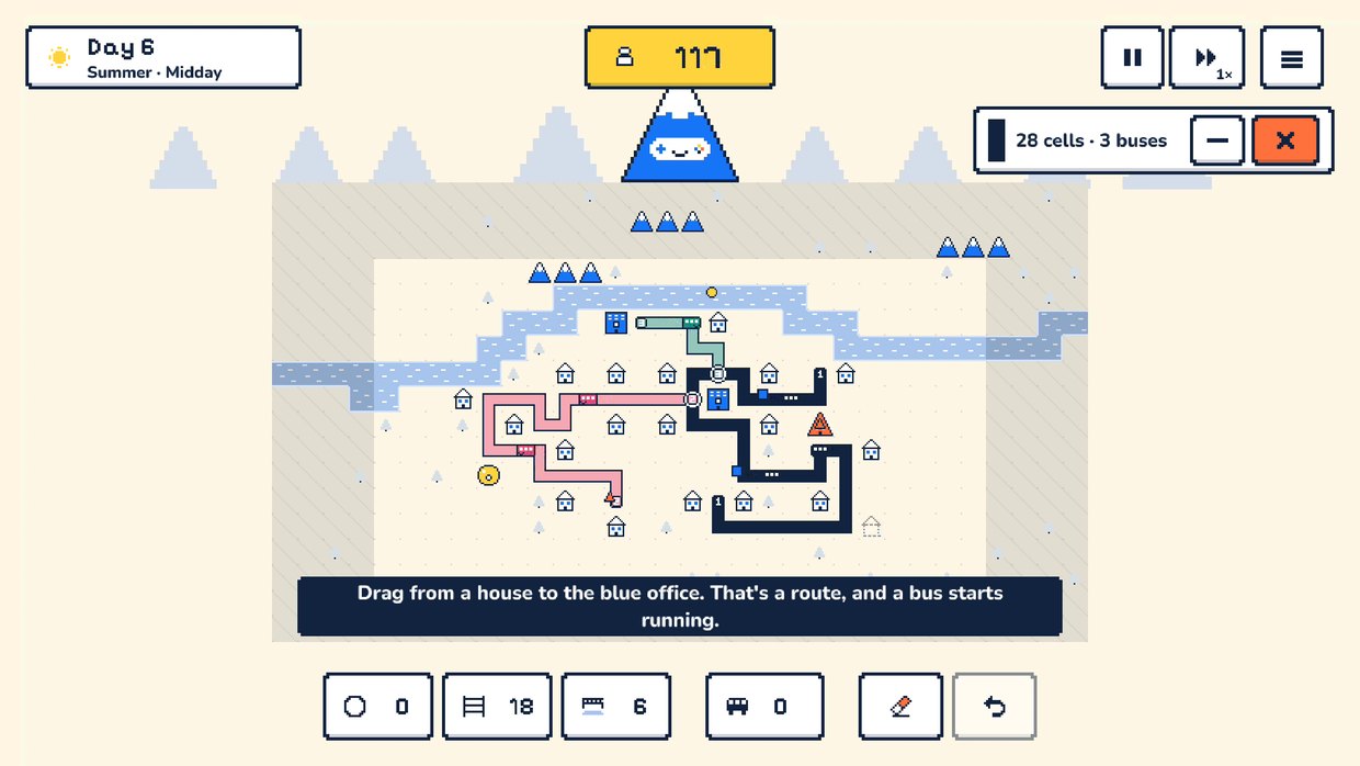 Mini City in the browser on a summer midday: the day and score along the top, routes across the valley, a route panel and the tool bar below