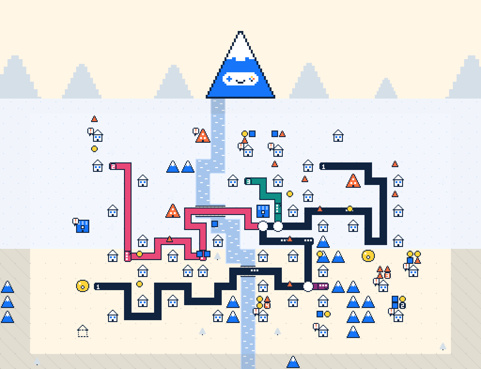 Summit Pass in winter: snow lies over the upper valley and a cold stream, with routes crossing it