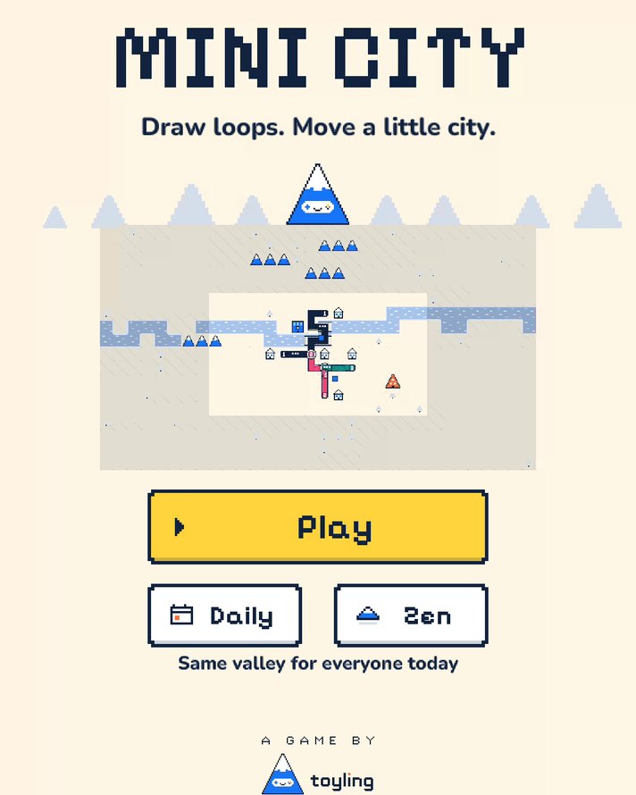 The Mini City title screen: Draw loops. Move a little city., a preview valley under the mountain mascot, and Play, Daily and Zen buttons