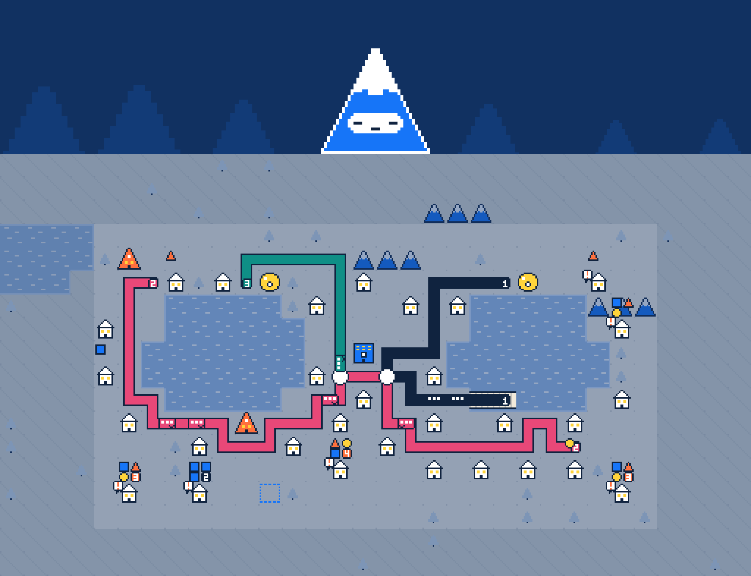 Mini City's Twin Lakes valley at night, with lit windows and routes running between two lakes under the mountain mascot